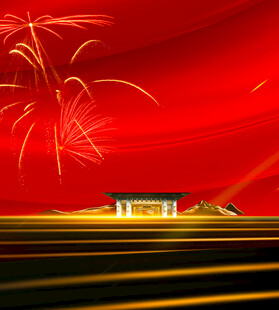 红色背景下的烟花与建筑