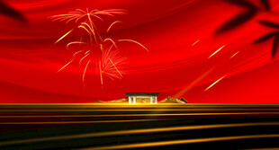 红色背景下的绚烂烟花