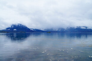 云雾缭绕的静谧湖山景色