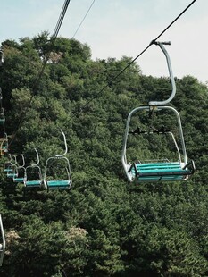 山间缆车穿梭于葱郁树林