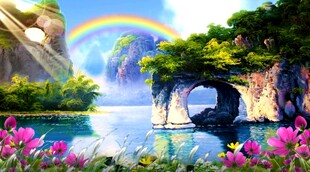 梦幻彩虹山水间美景