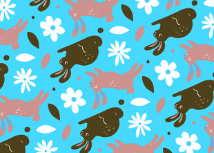 动物花卉蓝底图案背景