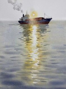 海上渔船水彩画