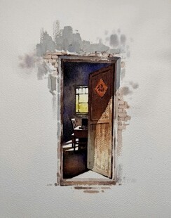 老宅大门水彩画