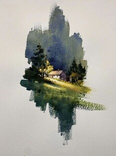 山林小屋水彩画