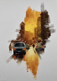 街道车流水彩画