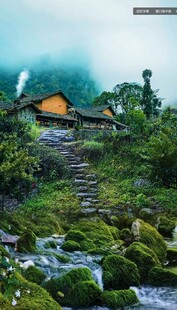 山间小屋伴溪流与绿意