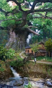 奇幻森林中的静谧溪流小屋