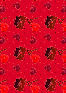 红色背景上的礼物与爱心图案