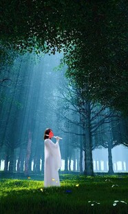 林中白衣女子沐浴光影