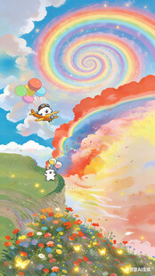 线条小狗 梦幻彩虹下的童趣世界