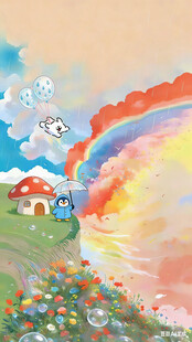 线条小狗  狗梦幻田园彩虹美景