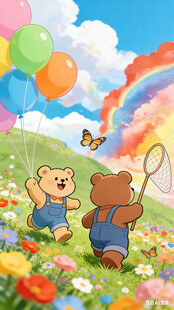 线条小狗 童趣花园中的快乐小熊