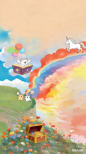 线条小狗 梦幻彩虹下的童话小景