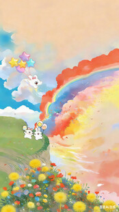 线条小狗彩虹下的花草与云朵