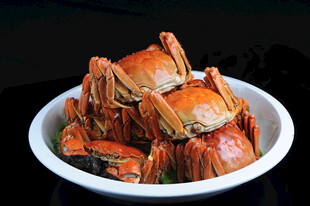 白碗中堆叠的美味大闸蟹