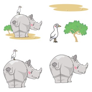 可爱犀牛与小鸟的和谐画面