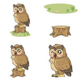 可爱猫头鹰与树桩插画