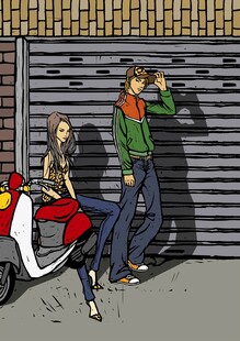 街头酷帅男女与摩托车