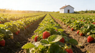 阳光草莓田中的白色小屋