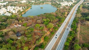 公路穿林绕湖鸟瞰美景