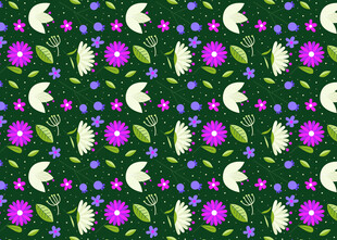 紫色花卉绿叶无缝图案