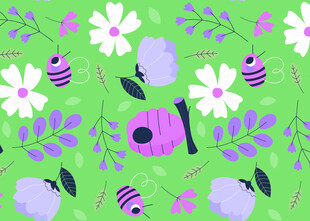 绿色背景的花卉蜜蜂图案