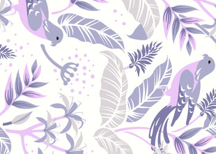 紫色鹦鹉与植物图案背景