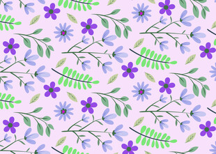 紫色花卉绿叶无缝图案