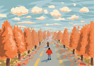 秋日林间独行的红衣女子