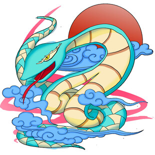 神话蓝蛇盘绕祥云图景