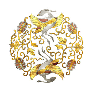 中式金纹双鹤圆形图案