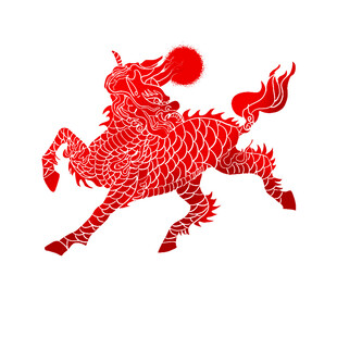 红色剪纸麒麟腾跃