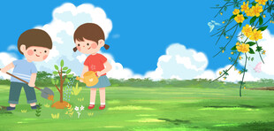 儿童在草地愉快植树场景