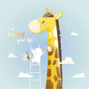 长颈鹿与小鸟的温馨绘画