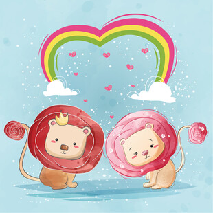爱心彩虹下的可爱狮子情侣