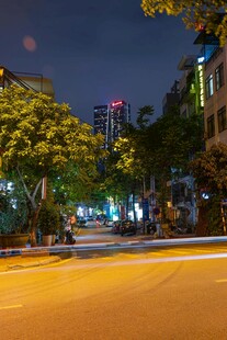 城市夜景中的街道与绿树