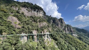 山间栈道蜿蜒于翠绿群山