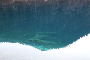 清澈湖水倒映岸边景致