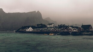 雾中港湾里的宁静小镇