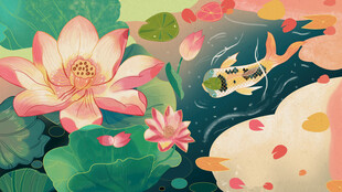 夏日荷塘锦鲤嬉戏图