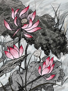 水墨风绽放的娇艳荷花