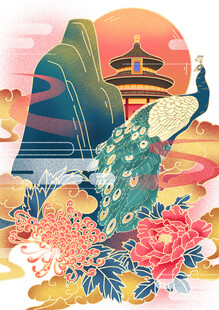 中式山水花鸟梦幻插画