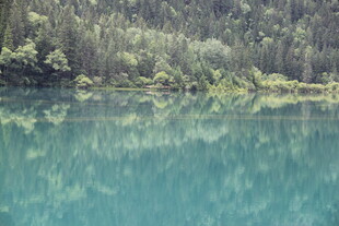 清澈湖水映葱郁山林