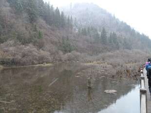 山间湖畔的徒步观景者