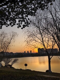 湖畔夕阳下的静谧美景