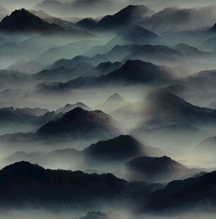 水墨群山间云雾缭绕景