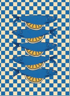 蓝鱼配柠檬的几何图案