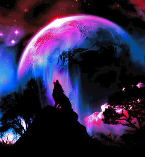 月夜下狼嚎的奇幻星球景象