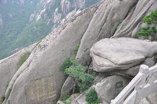 险峻山峰上的岩石与绿植